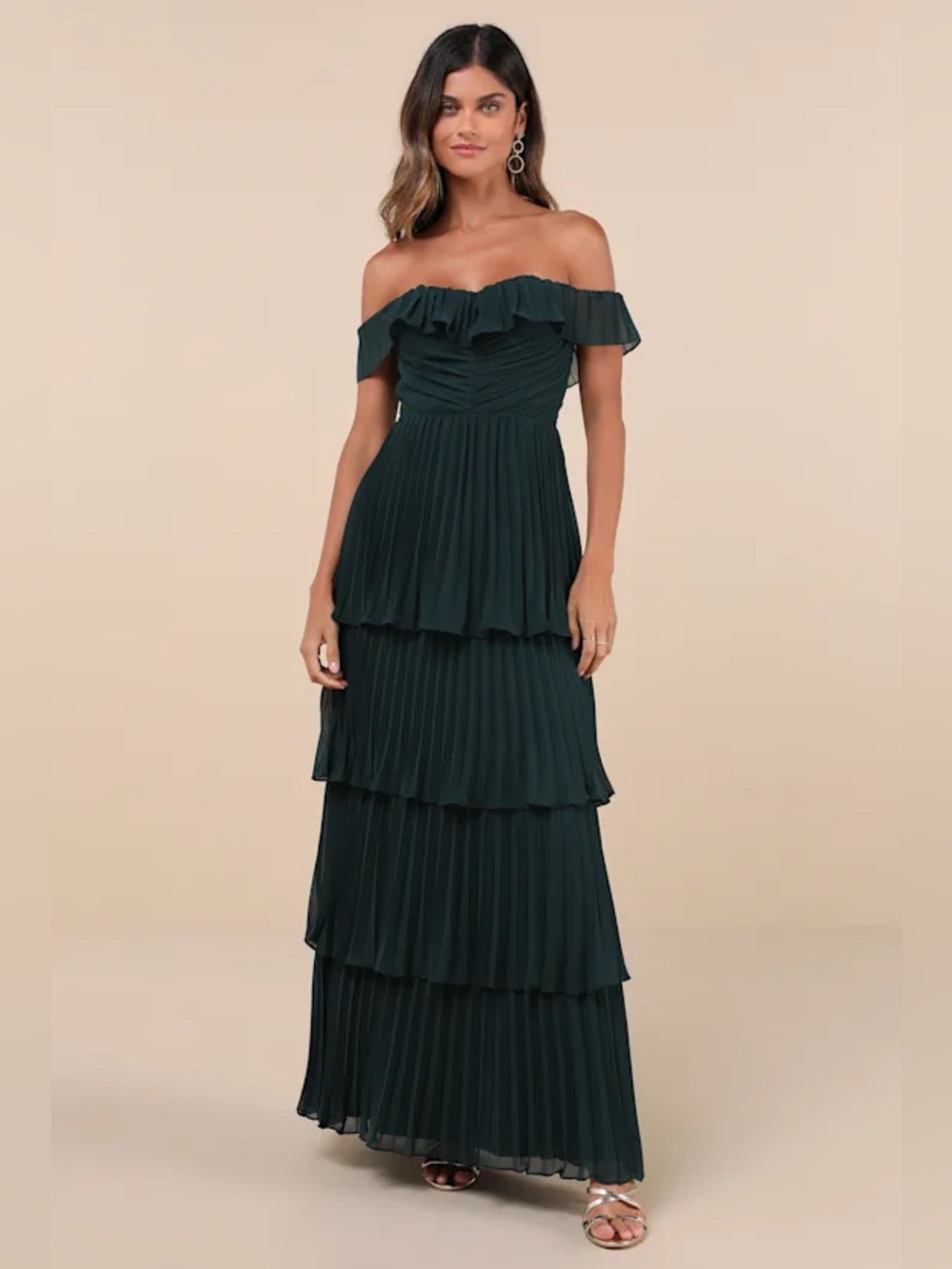 Lulus Always Remarkable Off-the-Shoulder Tiered Maxi Dress in Deep Green